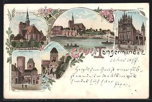 Lithographie Tangermünde a. E., Rathaus, Neustädter Tor, Rosspforte, St. Stephanskirche