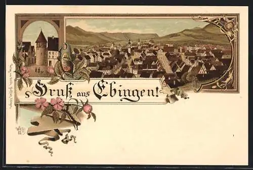 Lithographie Ebingen, Strassenpartie mit Turm, Ortsansicht mit Bergpanorama