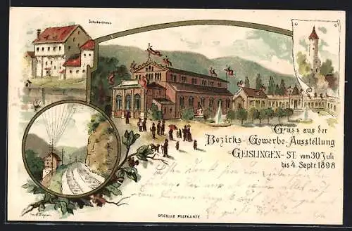 Lithographie Geislingen, Bezirksgewerbe-Ausstellung 1898, Schubarthaus, Ausstellungsgebäude, Turm