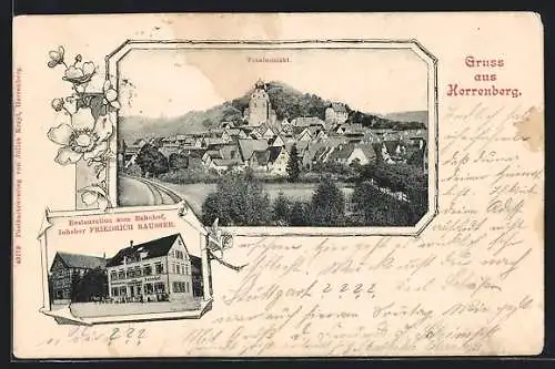 Lithographie Herrenberg, Restaurant zum Bahnhof, Totalansicht