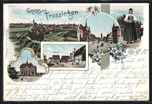 Lithographie Trossingen, Bahnhof, Rathhaus, Frau in lokaler Tracht, Gesamtansicht