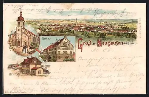 Lithographie Neuhausen a. d. Fildern, Bahnhof, Rathaus, Kirche, Panorama