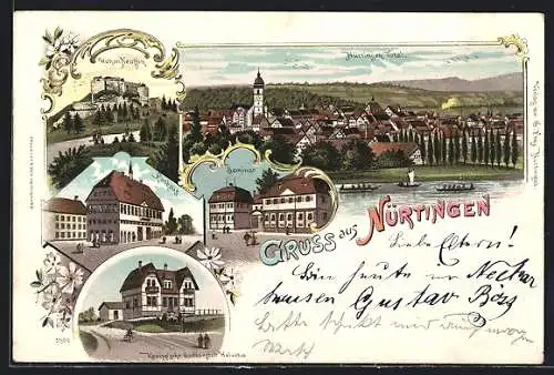 Lithographie Nürtingen, Kneipp`sche Badeanstalt Helvetia, Seminar, Rathaus, Burg Hohen Neuffen, Ortsansicht am Fluss