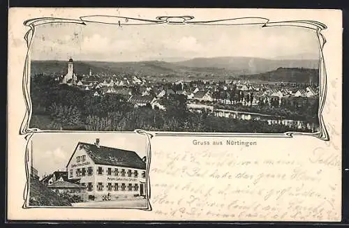 AK Nürtingen, Metzgerei und Gasthaus zum Falken von Gottlieb Birk, Gesamtansicht, im Jugendstil-Passepartout