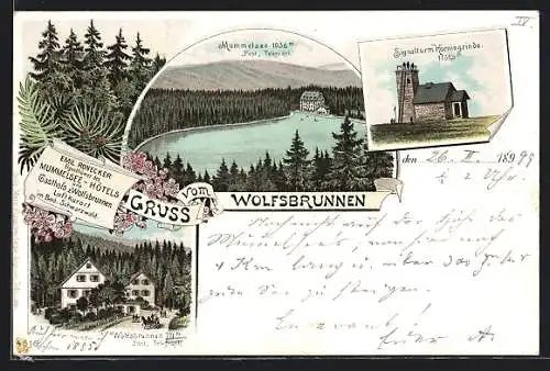 Lithographie Seebach / Schwarzwald, Gasthof und Pension Wolfsbrunnen, Mummelsee, Signalturm Hornisgrinde