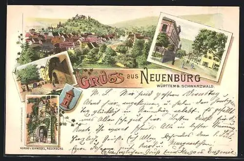 Lithographie Neuenbürg /Württemb. Schwarzwald, Gesamtansicht und Ortspartien
