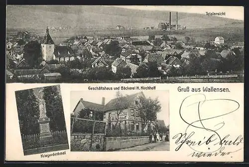 AK Wallensen, Geschäftshaus und Bäckerei H. Kirchhoff, Kriegerdenkmal, Gesamtansicht