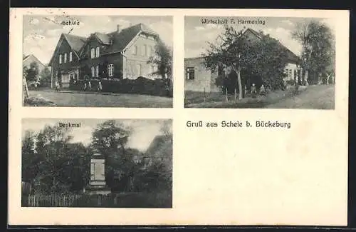 AK Scheie b. Bückeburg, Wirtschaft F. Harmening, Schule, Denkmal