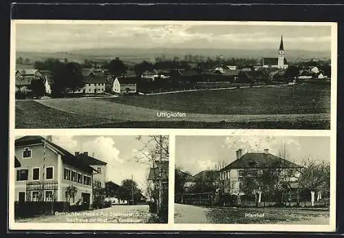 AK Uttigkofen, Gemischtwaren-Haus Frz. Stallmeier, Gasthaus zur Post, Schule, Pfarrhof, Gesamtansicht