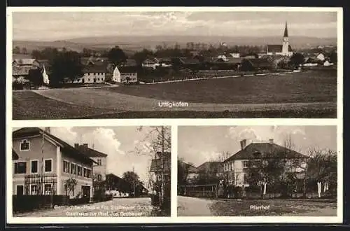 AK Uttigkofen, Gemischtwaren-Haus von Frz. Stallmeier, Gasthaus zur Post, Schule, Pfarrhof, Gesamtansicht