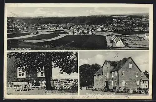 AK Niederkaufungen, Gasthaus zum Bahnhof, Restaurationsgarten, Gesamtansicht