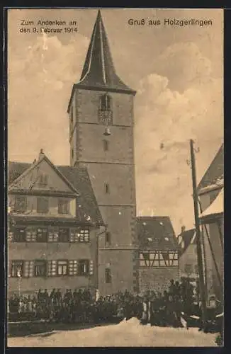 AK Holzgerlingen, Partie an der Kirche, Zum Andenken an den 9. Februar 1914