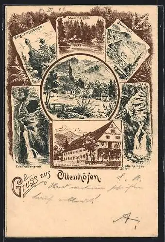 Lithographie Ottenhöfen, Gasthof zur Linde, Edelfrauengrab, Bauernhof