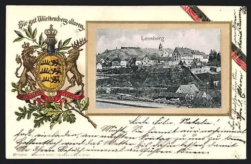 Passepartout-Lithographie Leonberg / Württ., Teilansicht der Ortschaft, Wappen