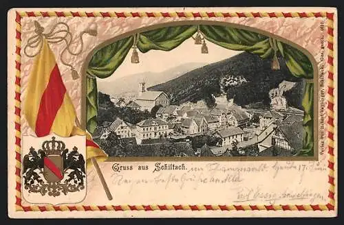 Passepartout-Lithographie Schiltach, Ortspartie mit Blick zur Kirche, Wappen