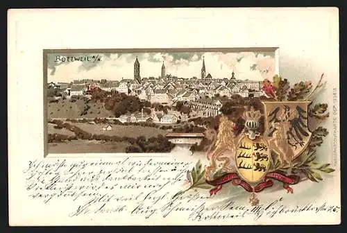 Passepartout-Lithographie Rottweil a. N., Ansicht der Ortschaft, Wappen