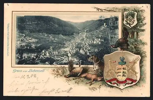 Passepartout-Lithographie Liebenzell, Ortsansicht aus der Vogelschau, Wappen