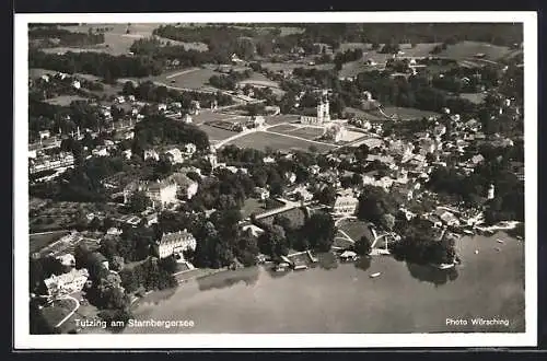 AK Tutzing, Fliegeraufnahme der Ortschaft und dem Starnberger See