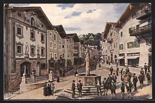 Künstler-AK Berchtesgaden, Marktplatz mit Brunnen