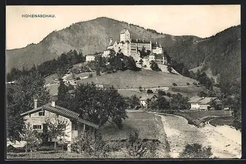 AK Hohenaschau, Panorama des Ortes mit Bergen