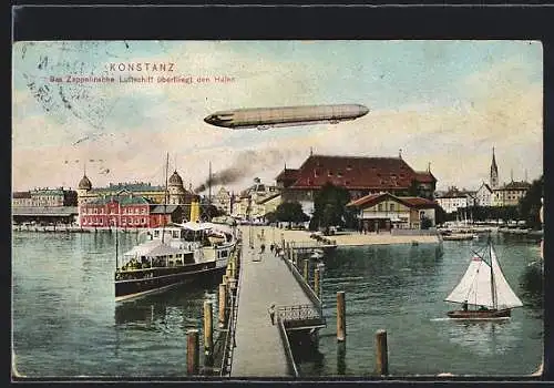 AK Konstanz, Das Zeppelin`sche Luftschiff fliegt über den Hafen