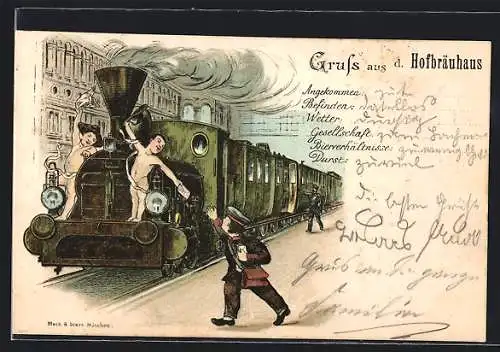 Lithographie Appenweier, Kurier empfängt Nachricht am Bahnhof