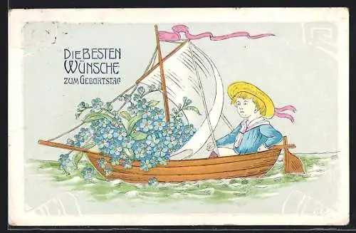 Künstler-AK Junge in einem Segelboot
