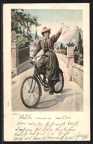 AK Allheil!, winkende Radfahrerin
