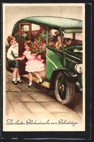 Künstler-AK Hannes Petersen: Gelukkige Verjaardag, Gratulant hilft einem Geburtstagskind aus dem Auto