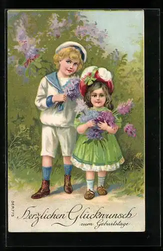 AK Kinder zum Geburtstag mit Blumen