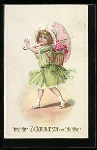 Künstler-AK Junges Mädchen schenkt zum Geburtstag Brief und Rosenstrauss