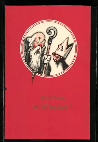 Künstler-AK Krampus hat den Hut vom Nikolaus geklaut