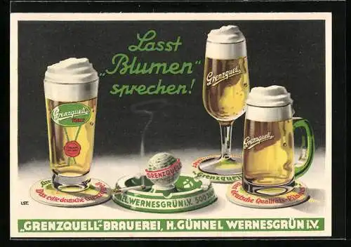 Künstler-AK Grenzquell Brauerei Wernesgrün Werbung mit Biergläsern mit Schaumkrone und Aschenbecher