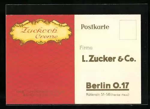 AK Berlin, Firma L. Zucker & Co., Reklame für Zuckooh-Creme