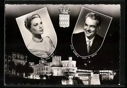 AK Rainier III. Prince de Monaco et Gracia Patricia, Schauspielerin Grace Kelly, der Fürstenpalast bei Nacht