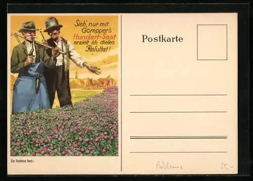 AK Reklame für Gompert`s Hundert-Saat, Bauern rauchen Pfeife, Pferdegespann