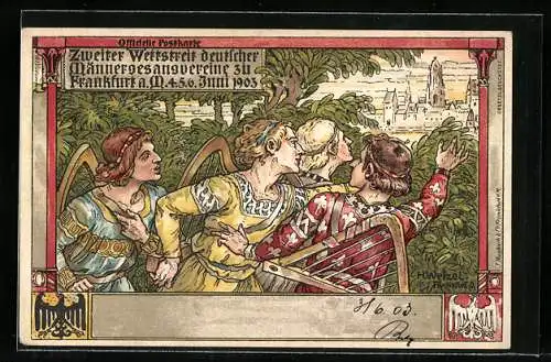 Künstler-AK sign.: H. Wetzel: Frankfurt am Main, 2. Wettstreit deutscher Männergesangsvereine Juni 1903, Harfen