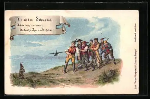 Künstler-AK Märchen, Die Sieben Schwaben, Männer fürchten sich vor Hasen