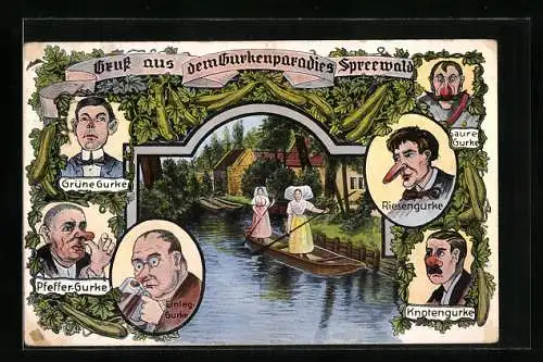 AK Spreewälderinnen in Tracht stehen in einem Kahn