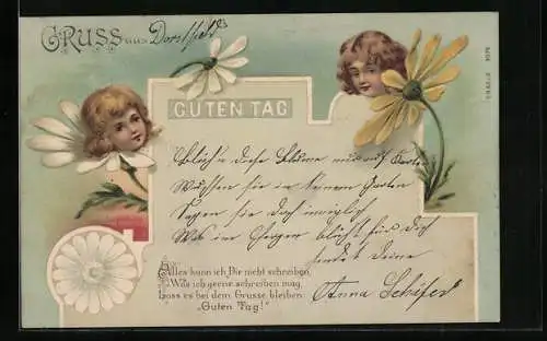 Lithographie Guten Tag, Kinderköpfe in Margeritenblüten