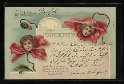 AK Mädchen in Mohnblumen, Metamorphose, Jugendstil