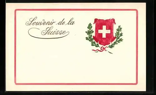 Präge-Lithographie Wappen der Schweiz mit Eichen- u. Lorbeerkranz