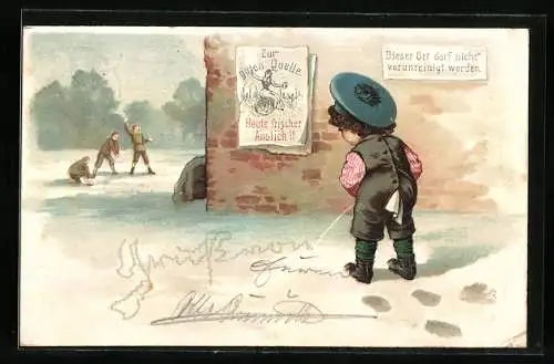 AK Kleiner Junge pinkelt Gruss von... auf den Boden, Toilettenhumor