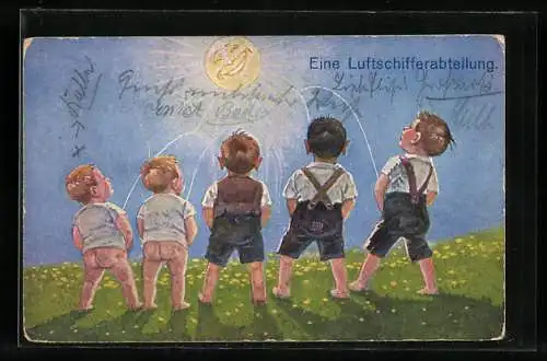 Künstler-AK Knaben urinieren in Richtung Sonne, Toilettenhumor