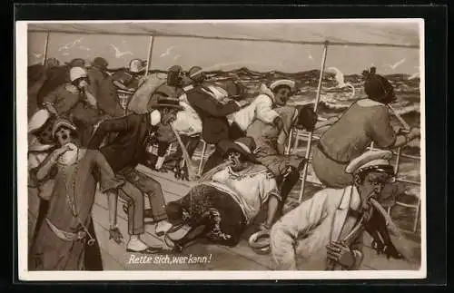 AK Rette sich, wer kann, Passagiere an Deck übergeben sich