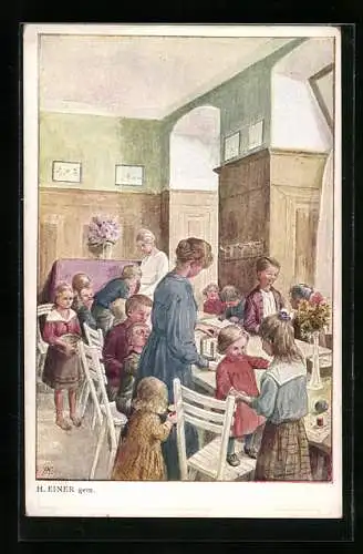 Künstler-AK sign. H. Einer: Kinder sitzen im Aufenthaltsraum am Tisch, Kinderfürsorge