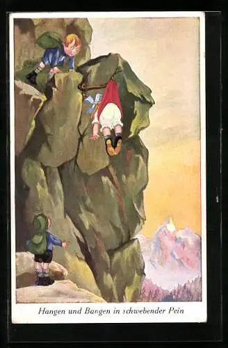 AK Mädchen fällt beim Bergsteigen vom Berg und wird von einem Stock aufgefangen