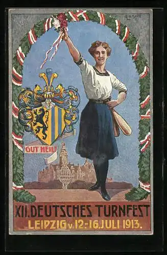 AK Leipzig, XII. Deutsches Turnfest 1913, Frau mit Kegeln, Karte Nr. 6, Herzlich Willkommen, Wappen