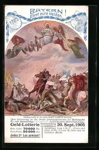 AK Sendling, Werbung Geld-Lotterie, Jubiläums-Kirchenbau 1905, Schlacht bei Sendling, Fresko