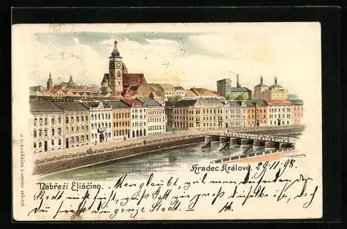 Lithographie Königgrätz / Hradec Kralove, Elisabethquai aus der Vogelschau